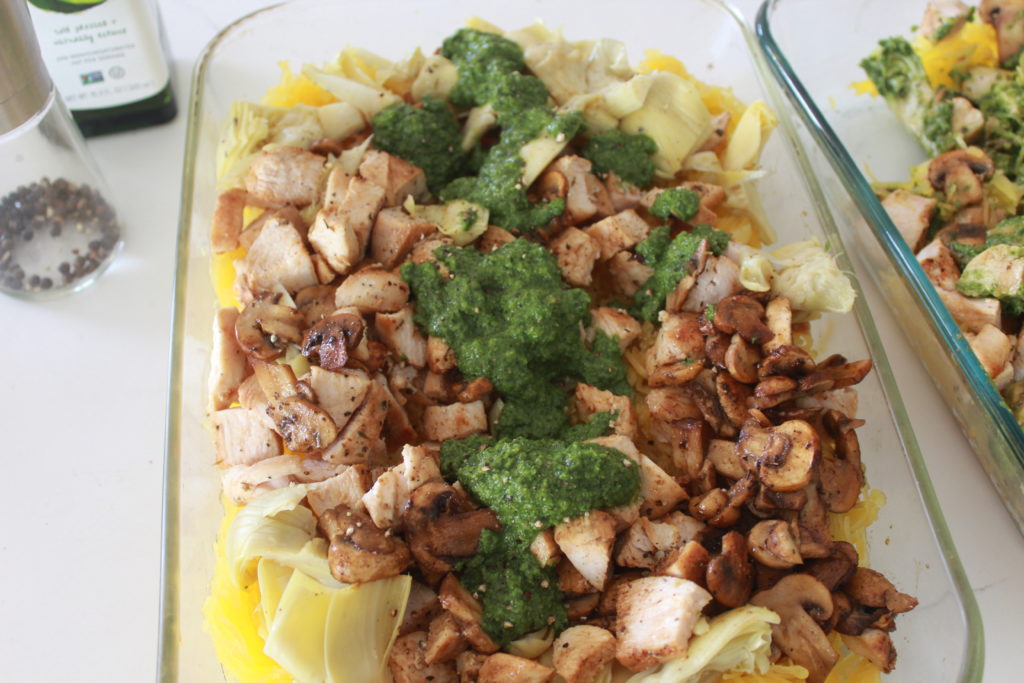 Artichoke, Chicken and Pesto Spaghetti Squash Casserole