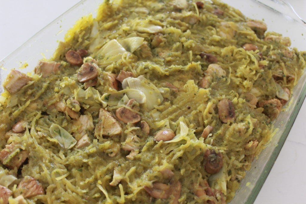 Artichoke, Chicken and Pesto Spaghetti Squash Casserole