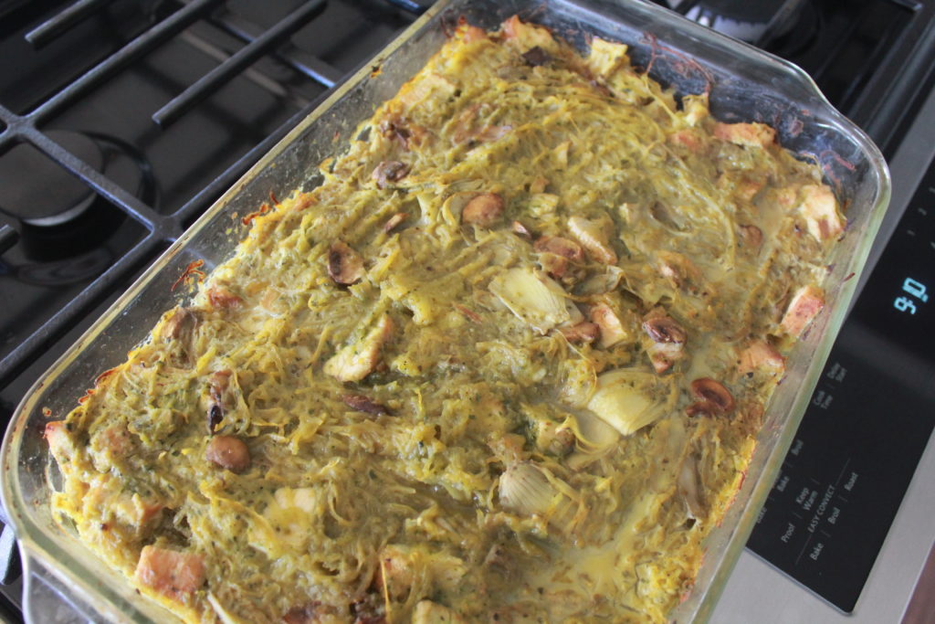 Artichoke, Chicken and Pesto Spaghetti Squash Casserole