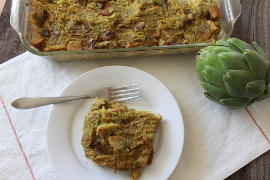 Artichoke, Chicken and Pesto Spaghetti Squash Casserole