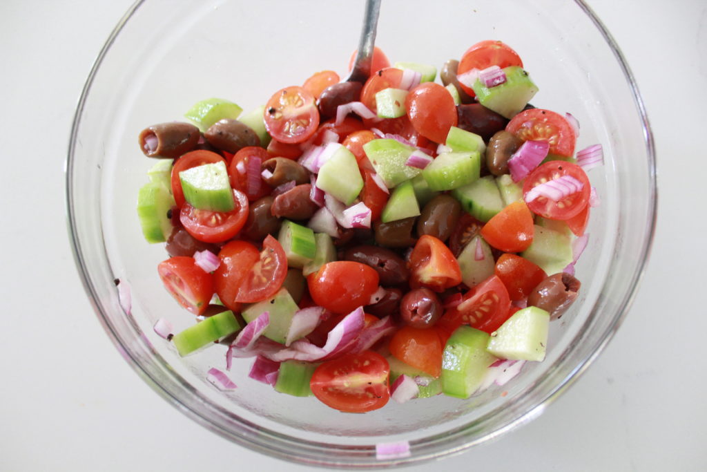 Greek Turkey Burgers with Tzatziki Sauce and Cucumber Tomato Salad