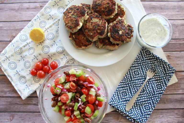 Greek Turkey Burgers with Tzatziki Sauce and Cucumber Tomato Salad