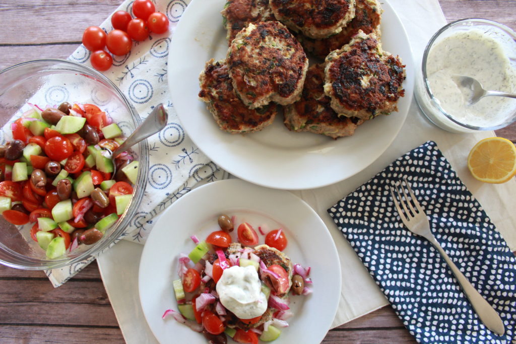 Greek Turkey Burgers with Tzatziki Sauce and Cucumber Tomato Salad
